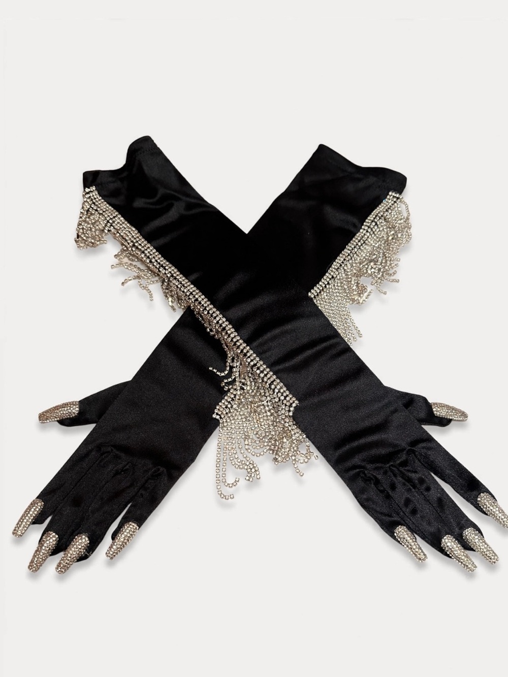 Black Satin Opera Gloves with Crystal Fringe and Rhinestone Fingertips catwoman